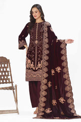 3 Piece Unstitched Embroidered Velvet Suit with Embroidered Velvet Dupatta WV-42006