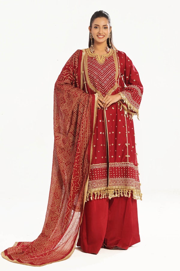 3 Piece Unstitched Embroidered Lawn Suit with Gold Lacquer Embroidered Printed Chiffon Dupatta BM-52018