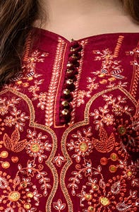 3 Piece Unstitched Embroidered Acrylic Suit with Gold and Lacquer Printed Acrylic Dupatta AP-42043