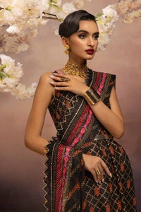 3 Piece Embroidered Gold and Lacquer Printed Lawn Suit with Cotton Net Dupatta CN-32027