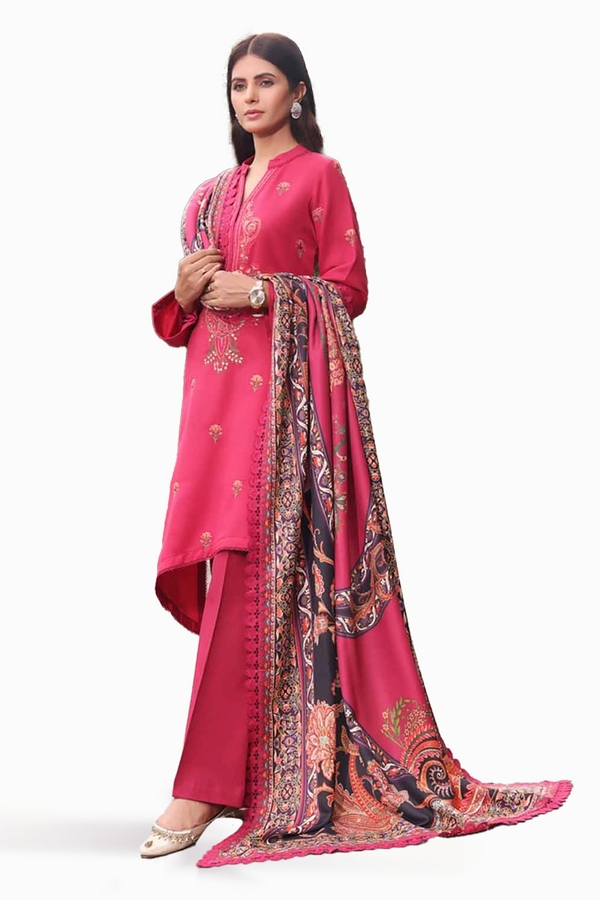 3 Piece Embroidered Acrylic Unstitched Suit with Digital Printed Acrylic Shawl AP-32010