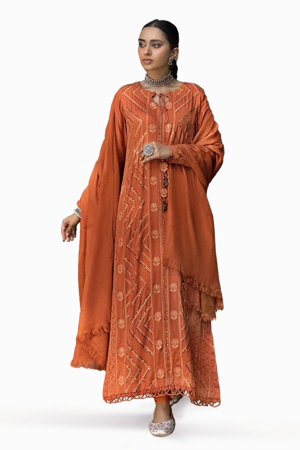 3 Piece Embroidered Cotail Unstitched Suit with Pashmina Shawl AP-32079