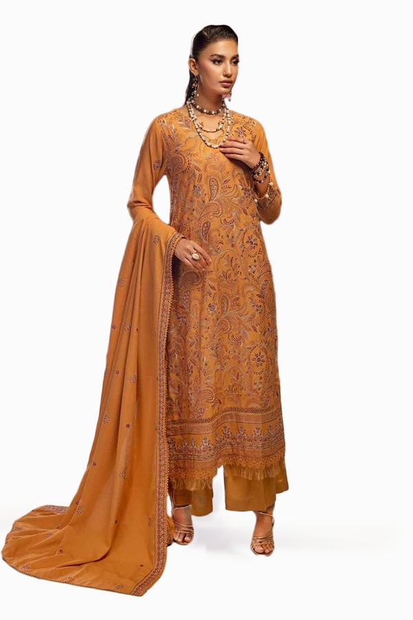 3 Piece Embroidered Digital Printed Karandi Unstitched Suit AY-32024