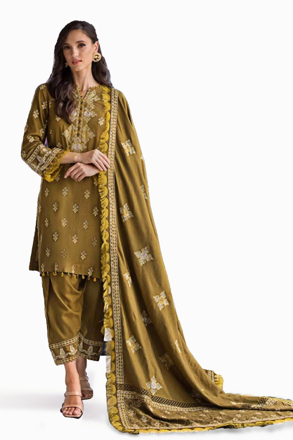 3 Piece Embroidered Pashmina Unstitched Suit with Embroidered Pashmina Shawl AP-32073