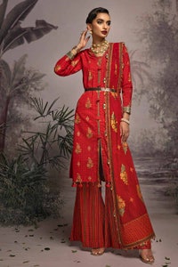3 Piece Embroidered Gold and Lacquer Printed Lawn Suit with Cotton Net Dupatta CN-32026