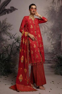 3 Piece Embroidered Gold and Lacquer Printed Lawn Suit with Cotton Net Dupatta CN-32026