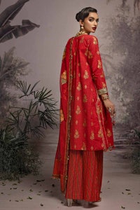 3 Piece Embroidered Gold and Lacquer Printed Lawn Suit with Cotton Net Dupatta CN-32026