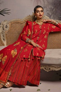 3 Piece Embroidered Gold and Lacquer Printed Lawn Suit with Cotton Net Dupatta CN-32026