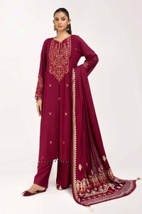3 Piece Unstitched Embroidered Acrylic Suit with Gold and Lacquer Printed Acrylic Dupatta AP-42043