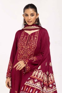 3 Piece Unstitched Embroidered Acrylic Suit with Gold and Lacquer Printed Acrylic Dupatta AP-42043
