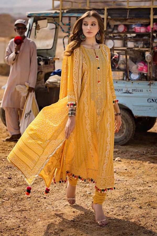 3 Piece Embroidered Printed Lawn Unstitched Suit with Gold Lacquer Printed Chiffon Dupatta BM-42007
