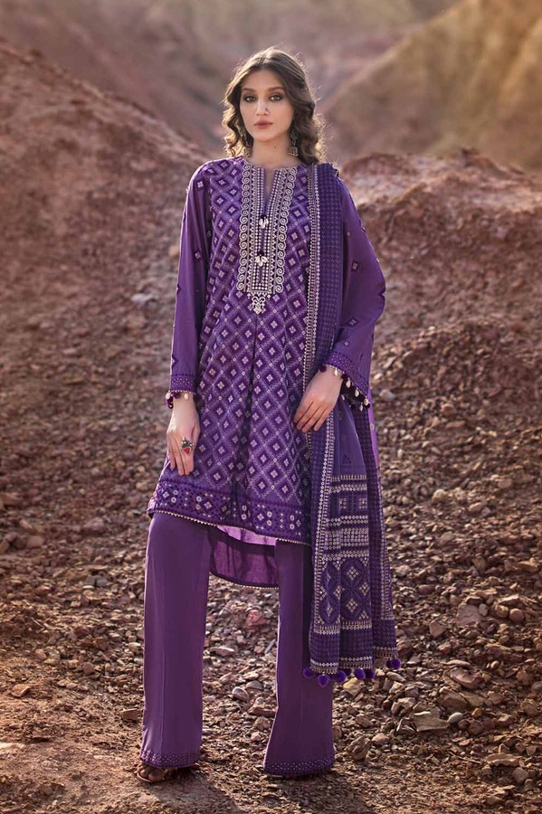 3 Piece Embroidered Printed Lawn Unstitched Suit with Gold Lacquer Printed Chiffon Dupatta BM-42008