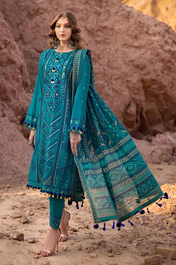 3 Piece Embroidered Printed Lawn Unstitched Suit with Gold Lacquer Printed Chiffon Dupatta BM-42009