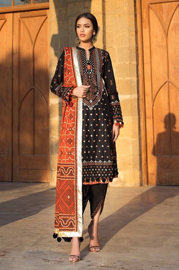 3 Piece Embroidered Printed Lawn Unstitched Suit with Gold Lacquer Printed Chiffon Dupatta BM-42011