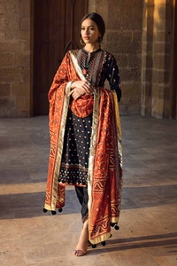 3 Piece Embroidered Printed Lawn Unstitched Suit with Gold Lacquer Printed Chiffon Dupatta BM-42011