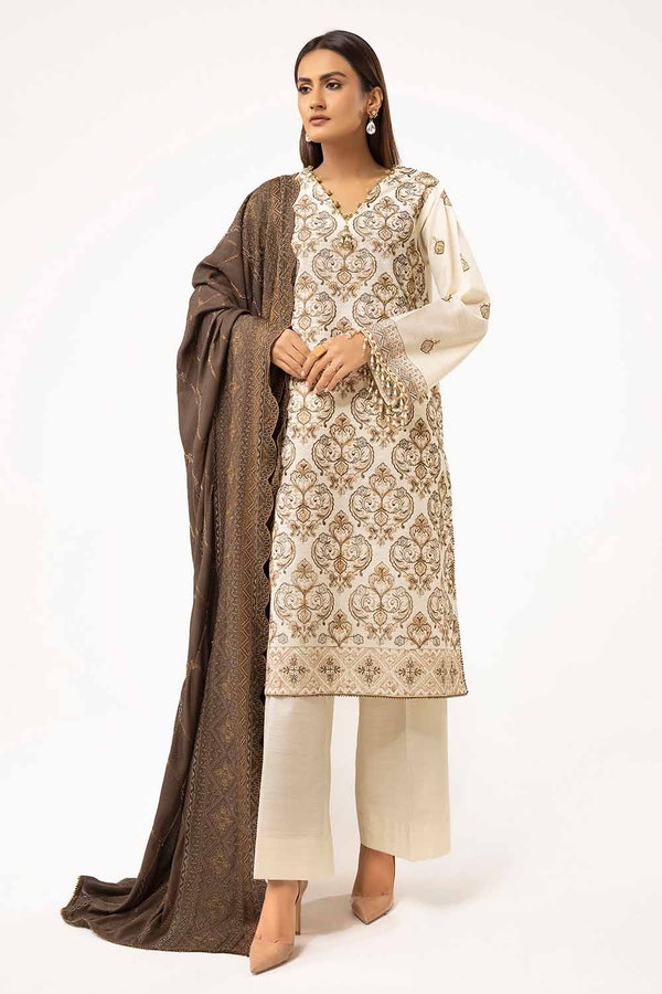 3 Piece Unstitched Embroidered Khaddar Suit with Twill Cotton Linen Dupatta CV-42011