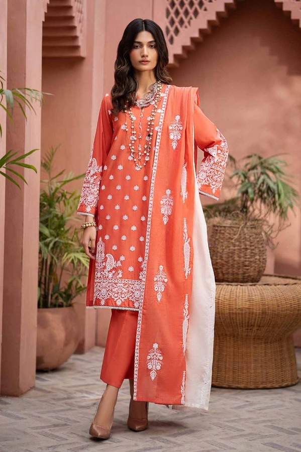 3 Piece Embroidered Lawn Unstitched Suit with Embroidered Printed Denting Lawn Dupatta DN-42020