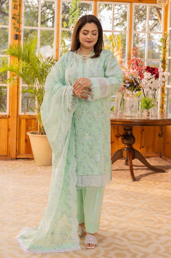 3 Piece Embroidered Printed Lawn Unstitched Suit with Embroidered Printed Denting Lawn Dupatta DN-42022