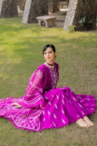 3 Piece Embroidered Foam Printed Cambric Unstitched Suit with Printed Burnout Dupatta BN-32007