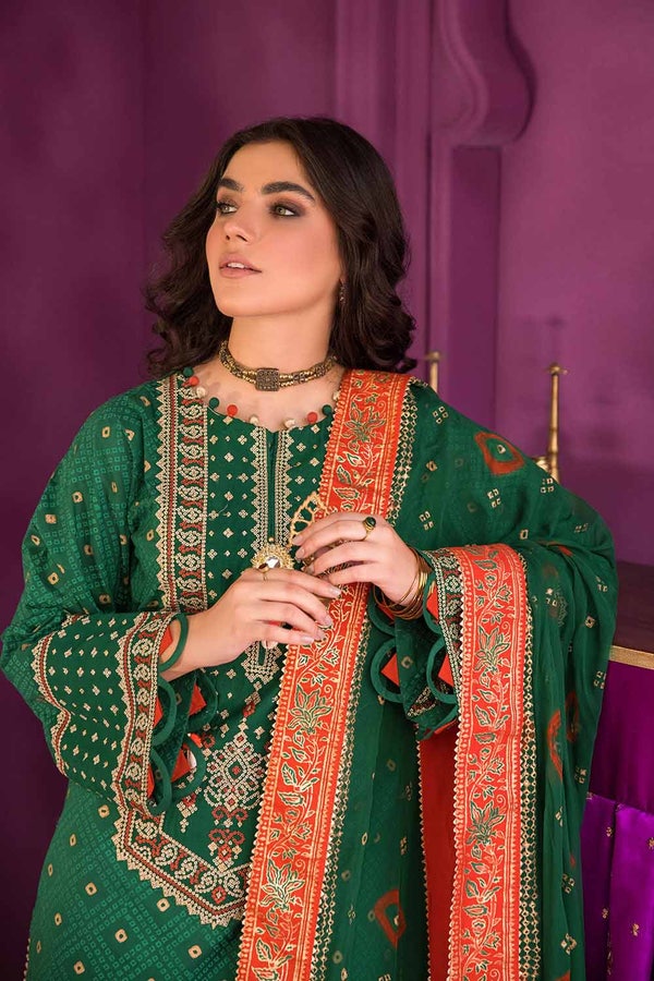 3 Piece Embroidered Chunri Lawn Unstitched Suit With Chiffon Gold and Lacquer Printed Dupatta BM-32015