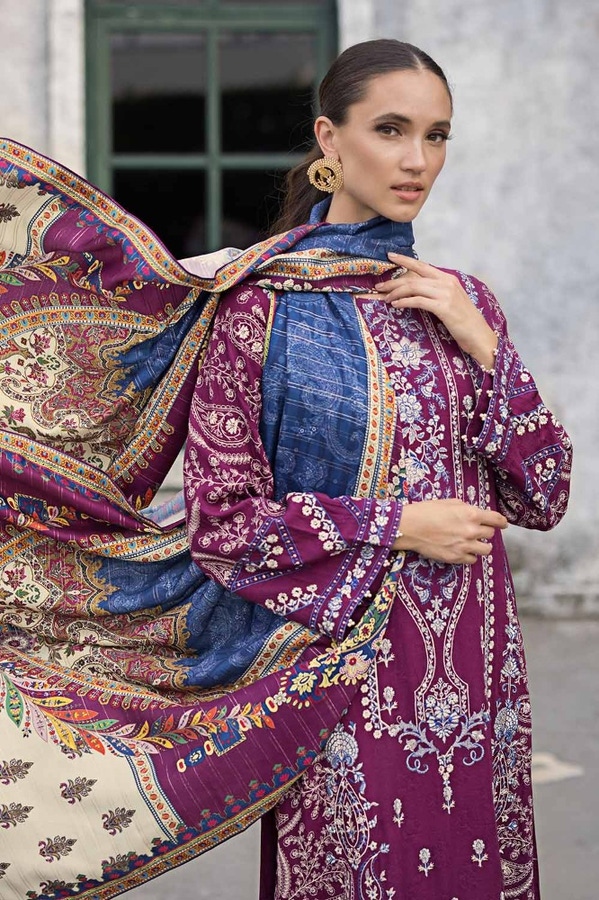 3 Piece Embroidered Khaddar Unstitched Suit with Digital Twill Zari Shawl AP-32013