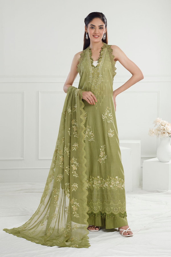 3 Piece Unstitched Embroidered Lawn Suit with Embroidered Chiffon Dupatta PM-52029