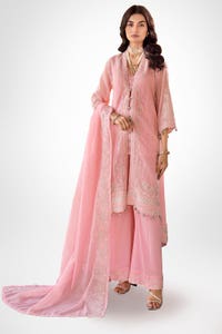 3 Piece Zari and Sequins Embroidered Cotton Unstitched Suit with Zari and Sequins Embroidered Cotton Slub Dupatta FE-42021