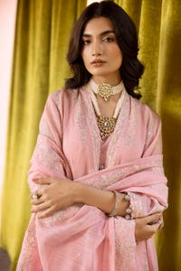 3 Piece Zari and Sequins Embroidered Cotton Unstitched Suit with Zari and Sequins Embroidered Cotton Slub Dupatta FE-42021