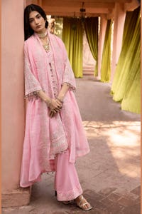 3 Piece Zari and Sequins Embroidered Cotton Unstitched Suit with Zari and Sequins Embroidered Cotton Slub Dupatta FE-42021