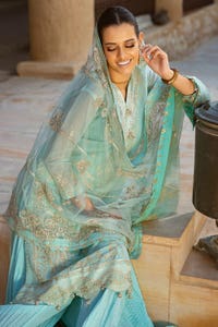 3 Piece Embroidered Paper Cotton Unstitched Suit with Embroidered Net Dupatta FE-42071