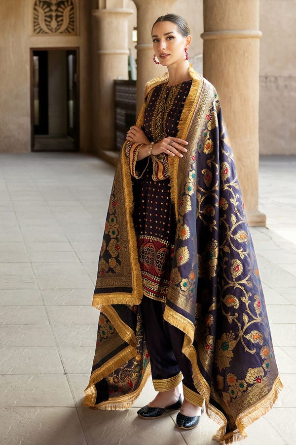 3 Piece Gold and Lacquer Printed Raw Silk Unstitched Suit with Jacquard Dupatta FE-42079