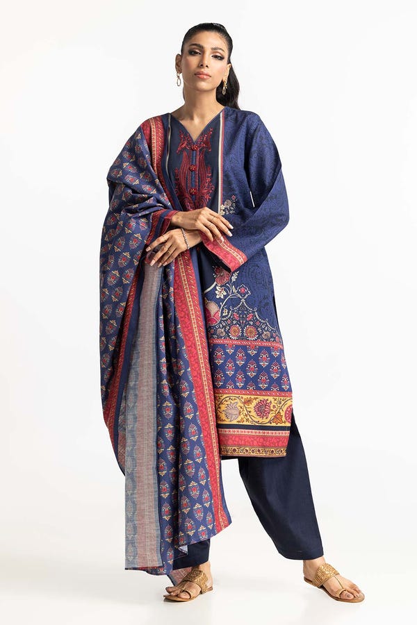 3 Piece Khaddar Printed With Embroidered Suit IUSTKSD-377