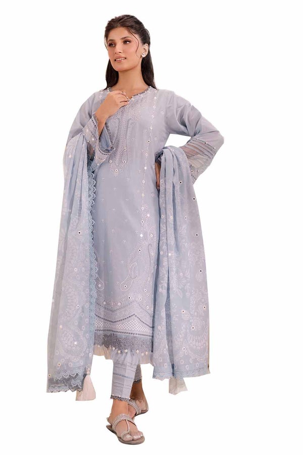 3 Piece Unstitched Embroidered Lawn Suit with Mirror Work Lacquer Printed Paper Cotton Dupatta PC-42010