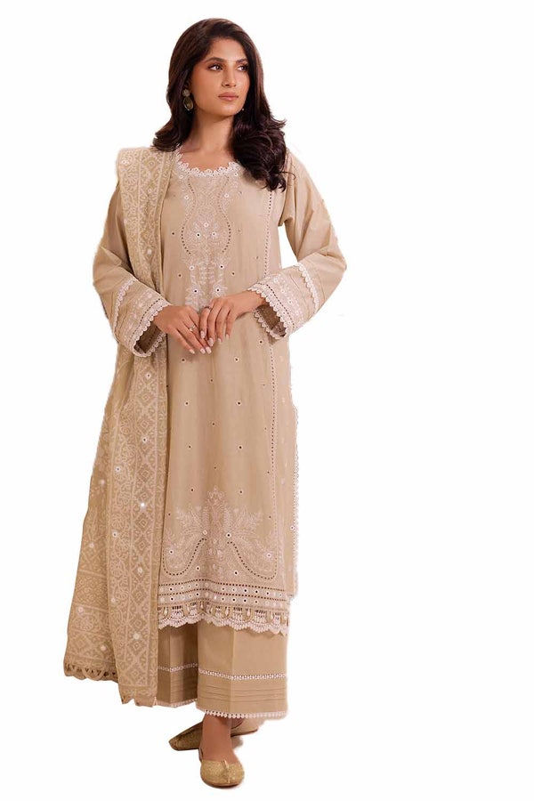 3 Piece Unstitched Embroidered Lawn Suit with Mirror Work Lacquer Printed Paper Cotton Dupatta PC-42018