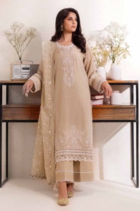 3 Piece Unstitched Embroidered Lawn Suit with Mirror Work Lacquer Printed Paper Cotton Dupatta PC-42018