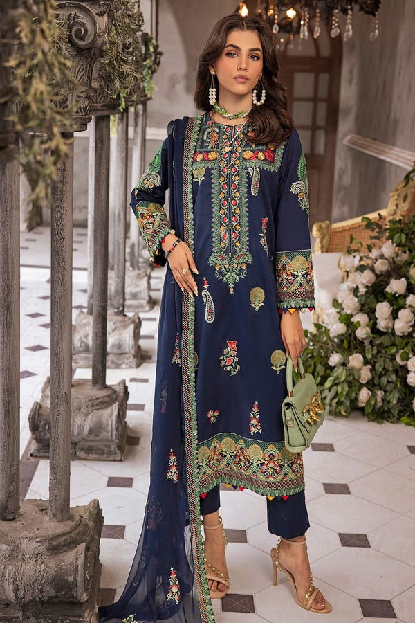 3 Piece Zari Embroidered Lawn Unstitched Suit with Zari Embroidered Chiffon Dupatta PM-42028