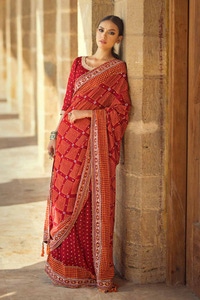 2 Piece Embroidered Gold and Lacquer Printed Chiffon Unstitched Saree with Raw Silk Blouse PRS-42004