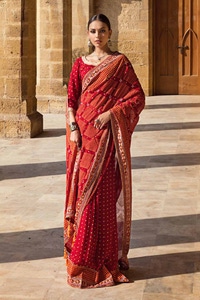 2 Piece Embroidered Gold and Lacquer Printed Chiffon Unstitched Saree with Raw Silk Blouse PRS-42004