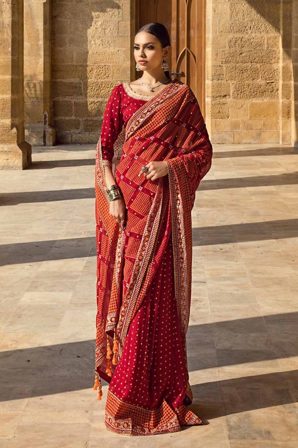 2 Piece Embroidered Gold and Lacquer Printed Chiffon Unstitched Saree with Raw Silk Blouse PRS-42004