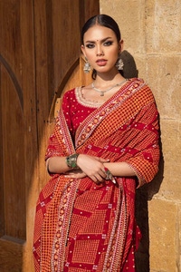 2 Piece Embroidered Gold and Lacquer Printed Chiffon Unstitched Saree with Raw Silk Blouse PRS-42004