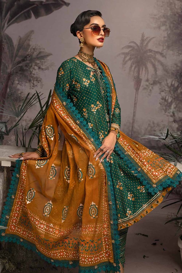 3 Piece Embroidered Gold and Lacquer Printed Lawn Suit with Cotton Net Dupatta CN-32025