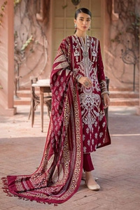 3 Piece Embroidered Gold & Lacquer Printed Khaddar Unstitched Suit with Gold & Lacquer Printed Pashmina Shawl AP-32074
