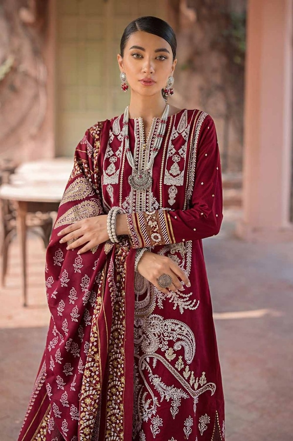 3 Piece Embroidered Gold & Lacquer Printed Khaddar Unstitched Suit with Gold & Lacquer Printed Pashmina Shawl AP-32074