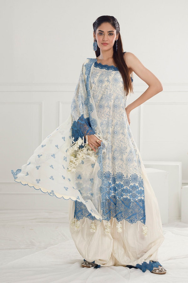 3 Piece Unstitched Schiffli Embroidered Lawn Suit with Schiffli Embroidered Chiffon Dupatta PM-52042