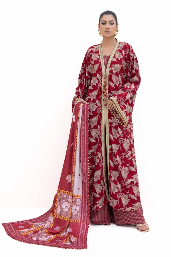 3 Piece Unstitched Gold Printed Polyestor Suit with Printed Sequins Stripe Dupatta SP-42046
