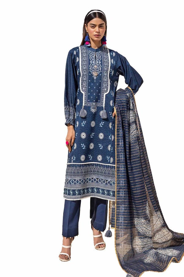 3 Piece Unstitched Printed Lawn Suit with Zari Stripe Dupatta ST-42001