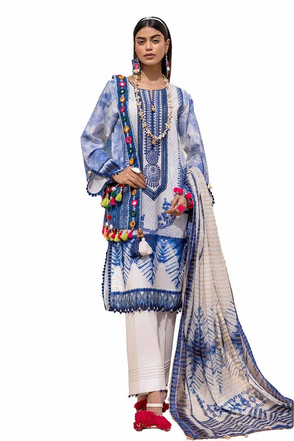 3 Piece Unstitched Embroidered Printed Lawn Suit with Zari Stripe Dupatta ST-42005
