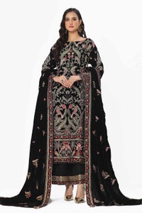 3 Piece Unstitched Embroidered Velvet Suit with Embroidered Velvet Dupatta WV-42002