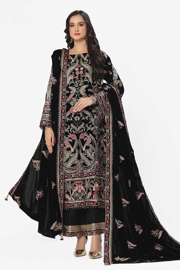 3 Piece Unstitched Embroidered Velvet Suit with Embroidered Velvet Dupatta WV-42002