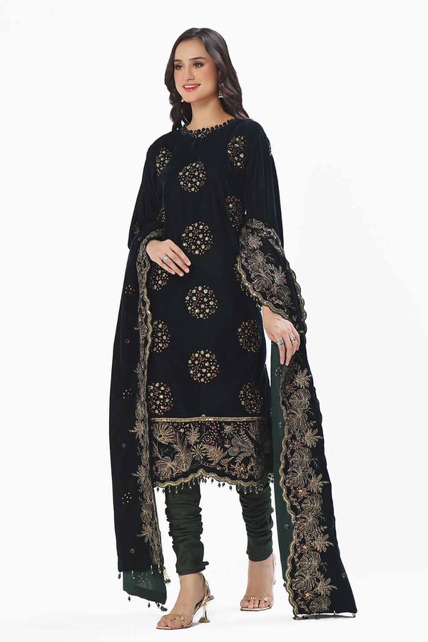 3 Piece Unstitched Embroidered Velvet Suit with Embroidered Velvet Dupatta WV-42005
